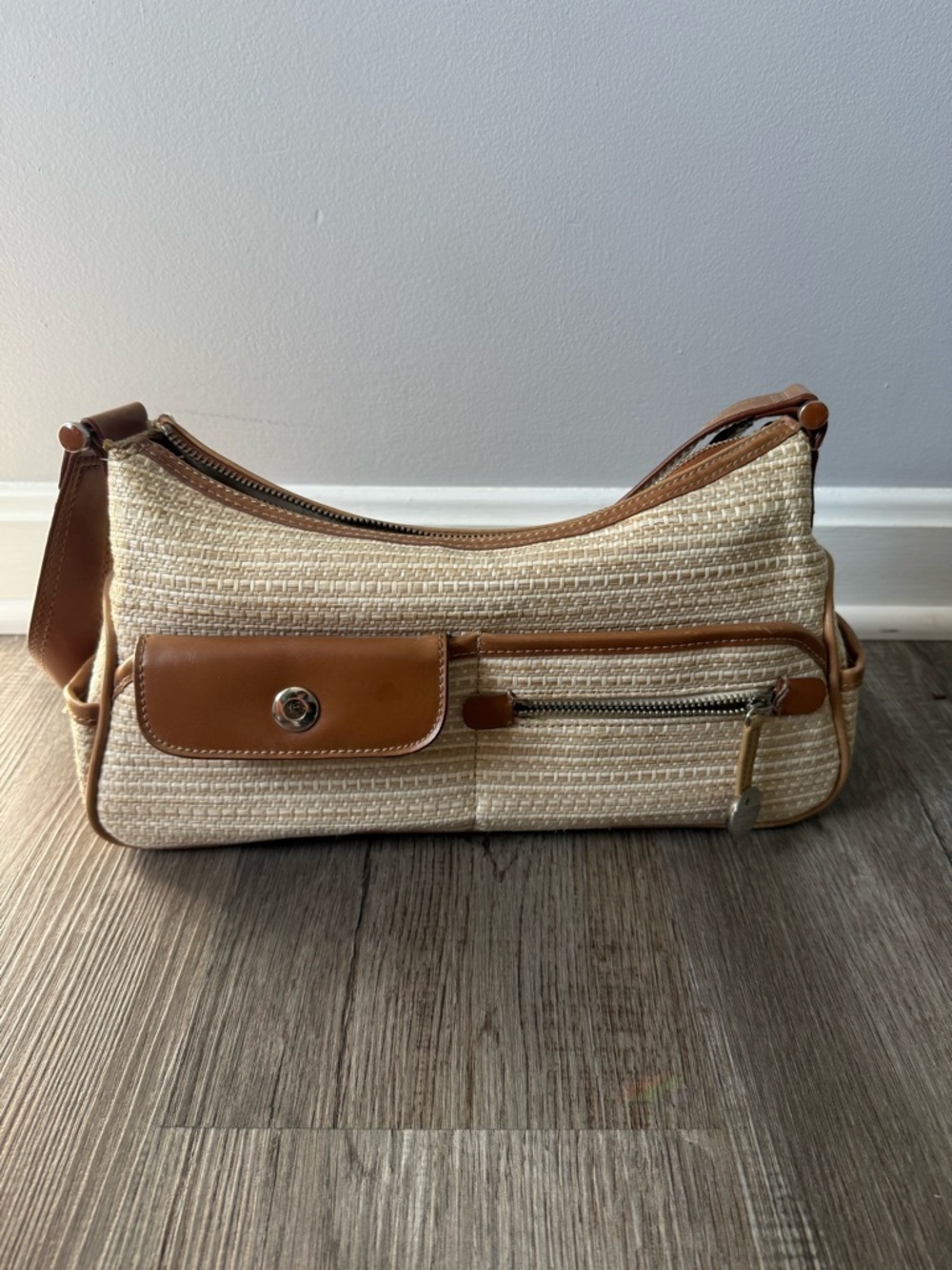 VTG Liz Claiborne Woven Beige Tan Straw Shoulder Bag Brown Trim Grandma Core S M - Picture 13 of 15